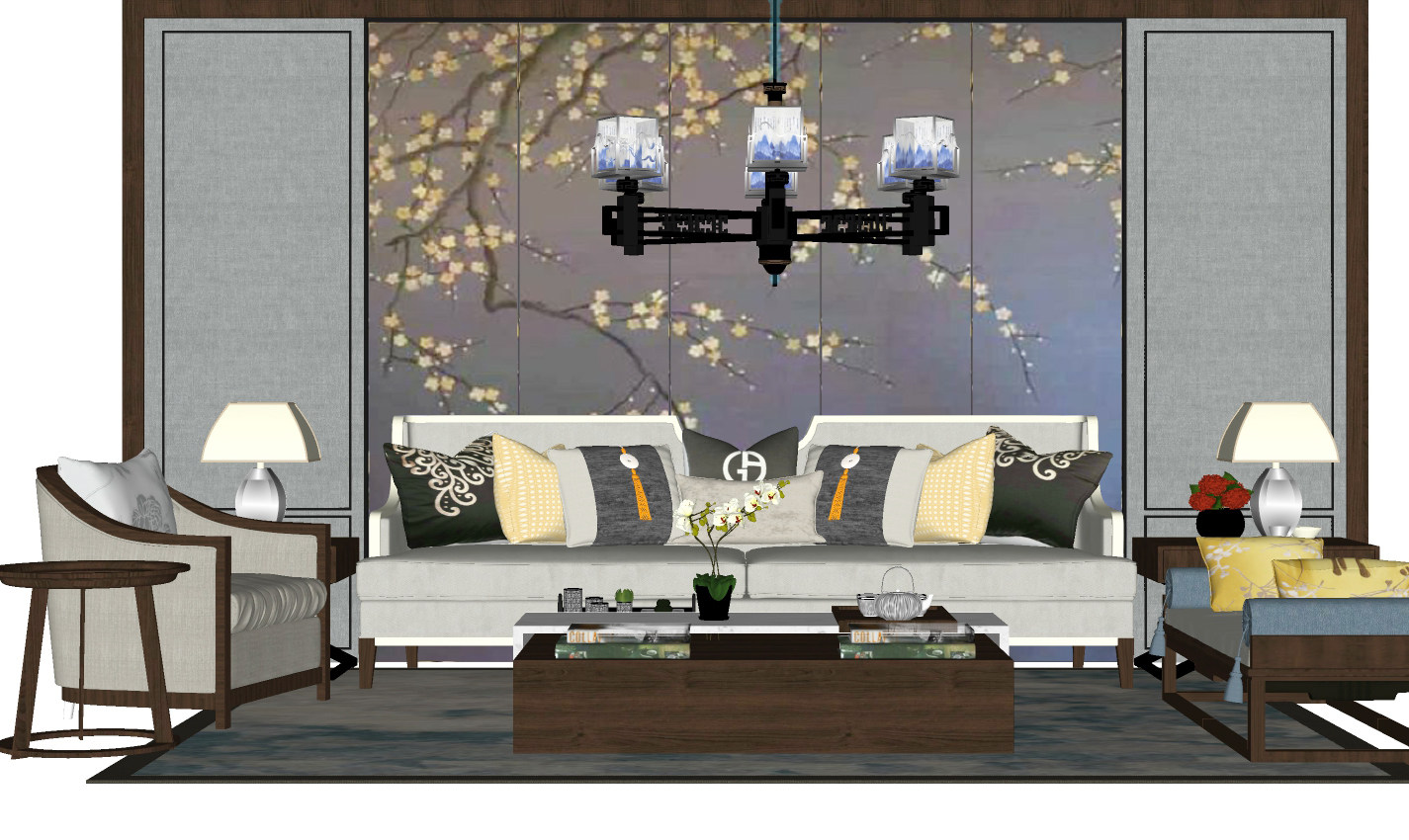 新中式沙发茶几组合 罗汉床 摆件组合 吊灯 背景墙