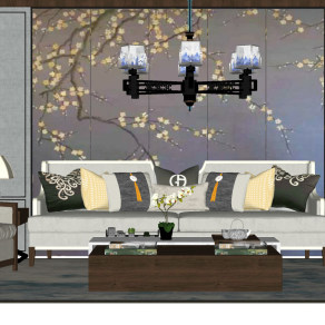 新中式沙发茶几组合 罗汉床 摆件组合 吊灯 背景墙