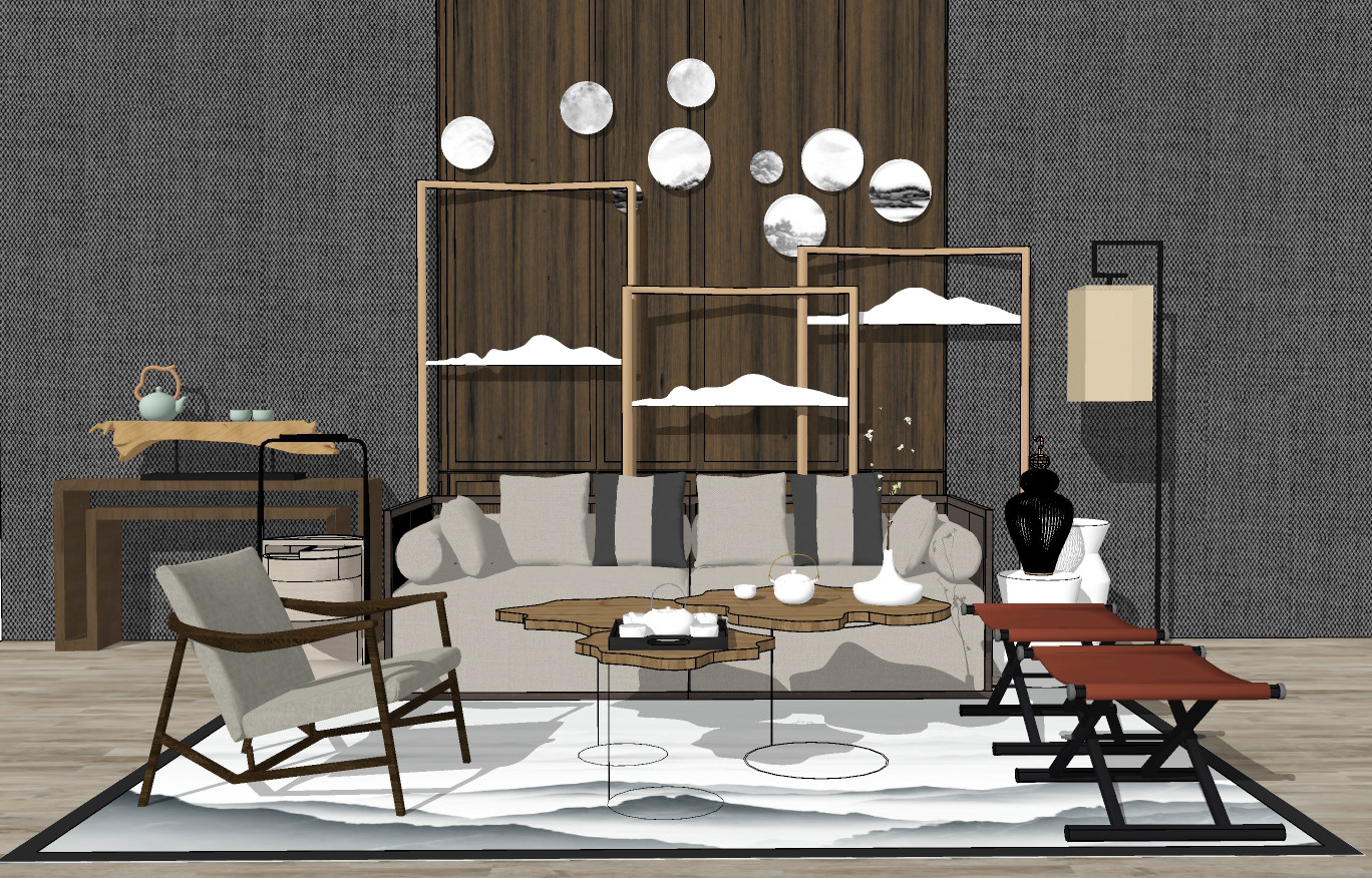新中式实木现代沙发茶几组合 背景墙 书柜 摆件