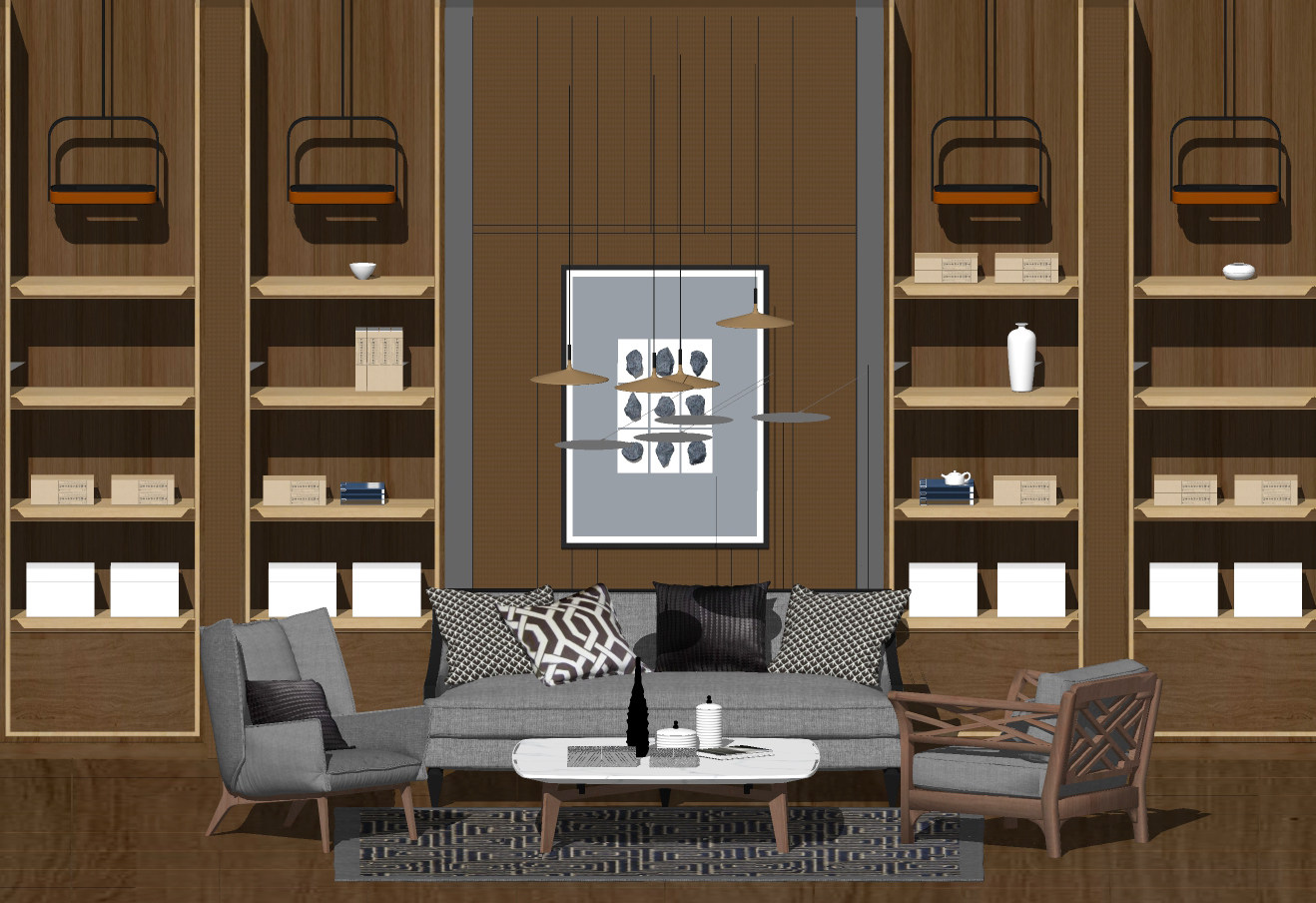 149现代北欧沙发组合 茶几 单人沙发 吊灯 书柜 装饰柜 摆件组合su草图模型下载