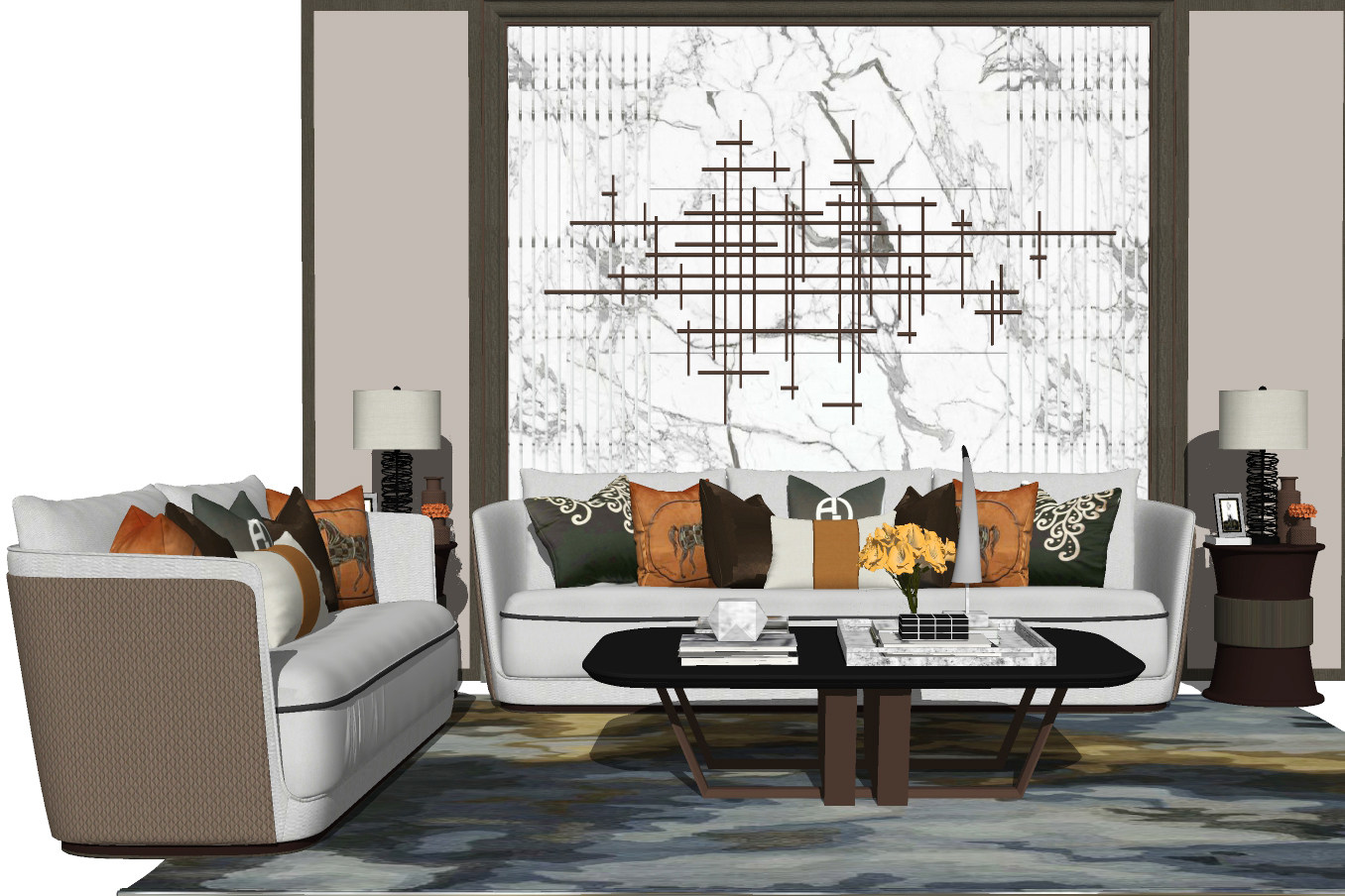 148新中式风格组合沙发，现代休闲沙发，茶几，灯几，靠枕抱枕，背景墙su草图模型下载