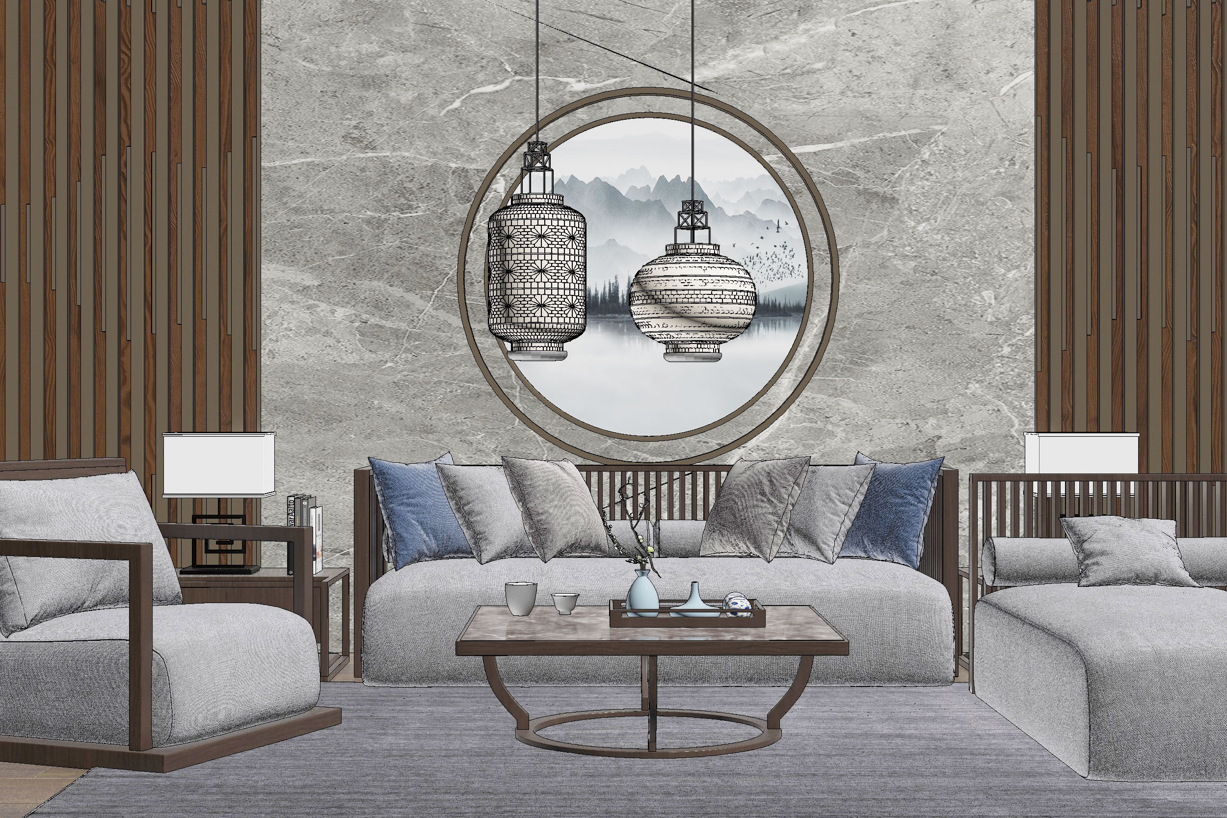 162新中式 东南亚现代沙发茶几组合，灯几，中式背景墙，单人沙发，东南亚吊灯，摆件组合2su草图模型下载