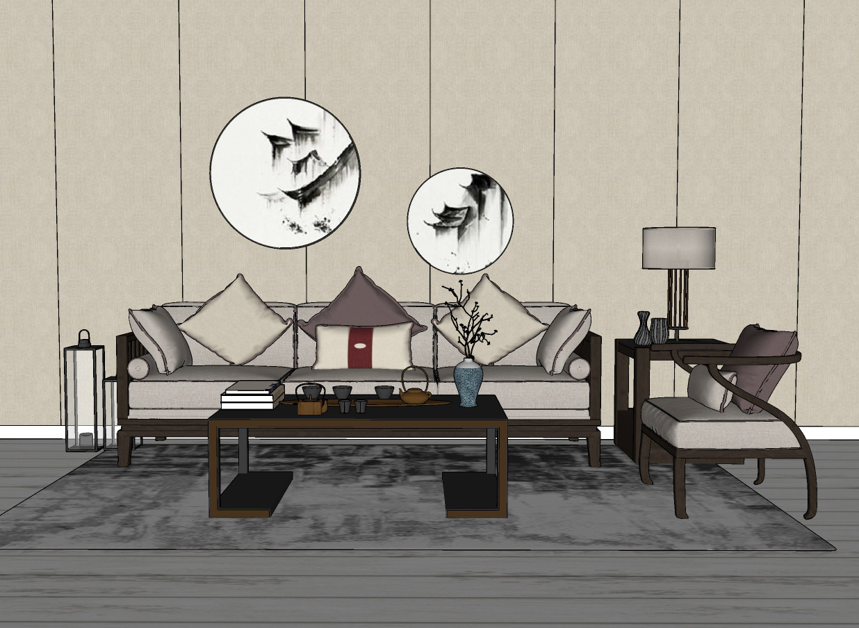 新中式沙发茶几组合 墙饰 摆件 茶杯