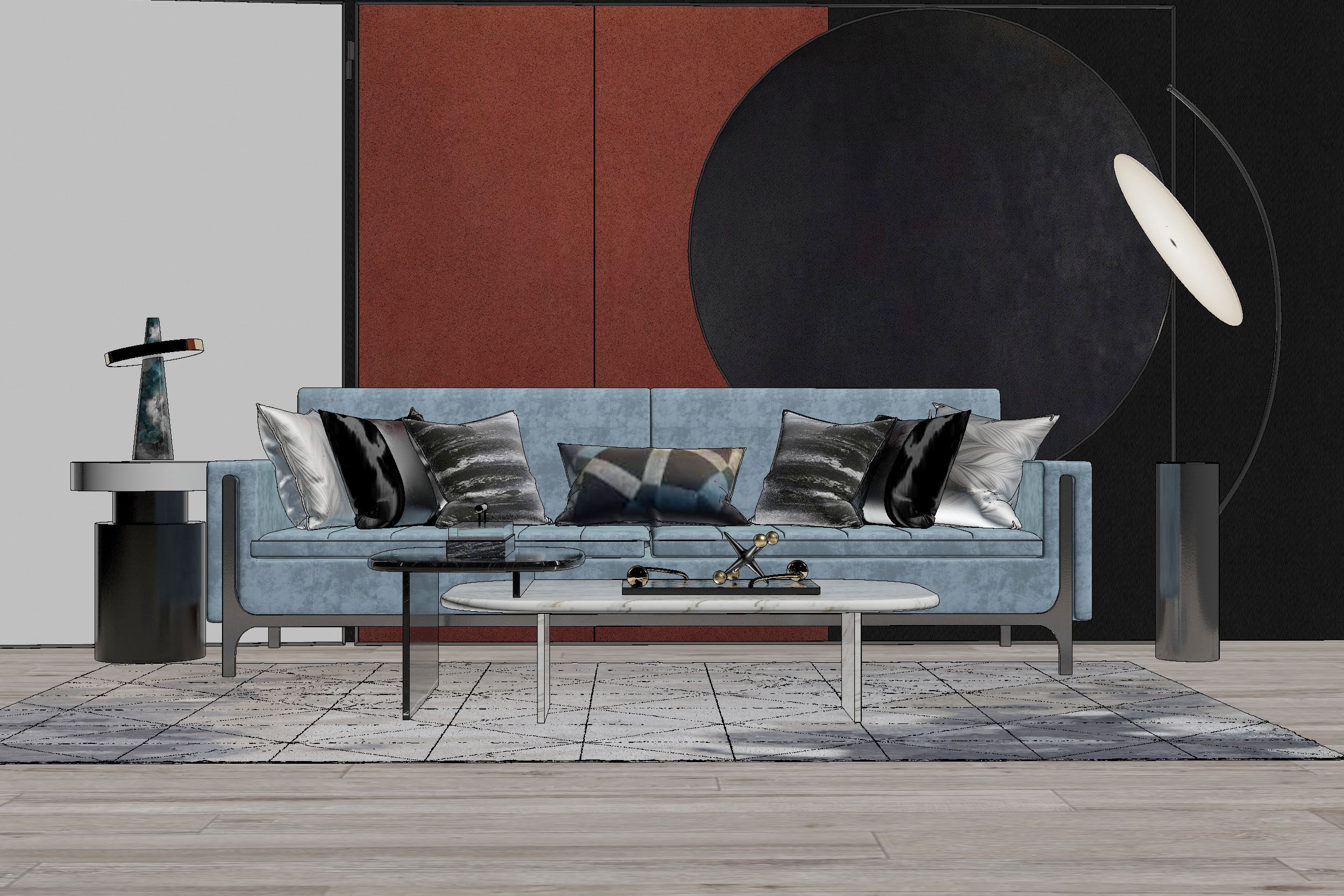 176新中式现代沙发茶几组合，落地灯，背景墙，艺术品2su草图模型下载