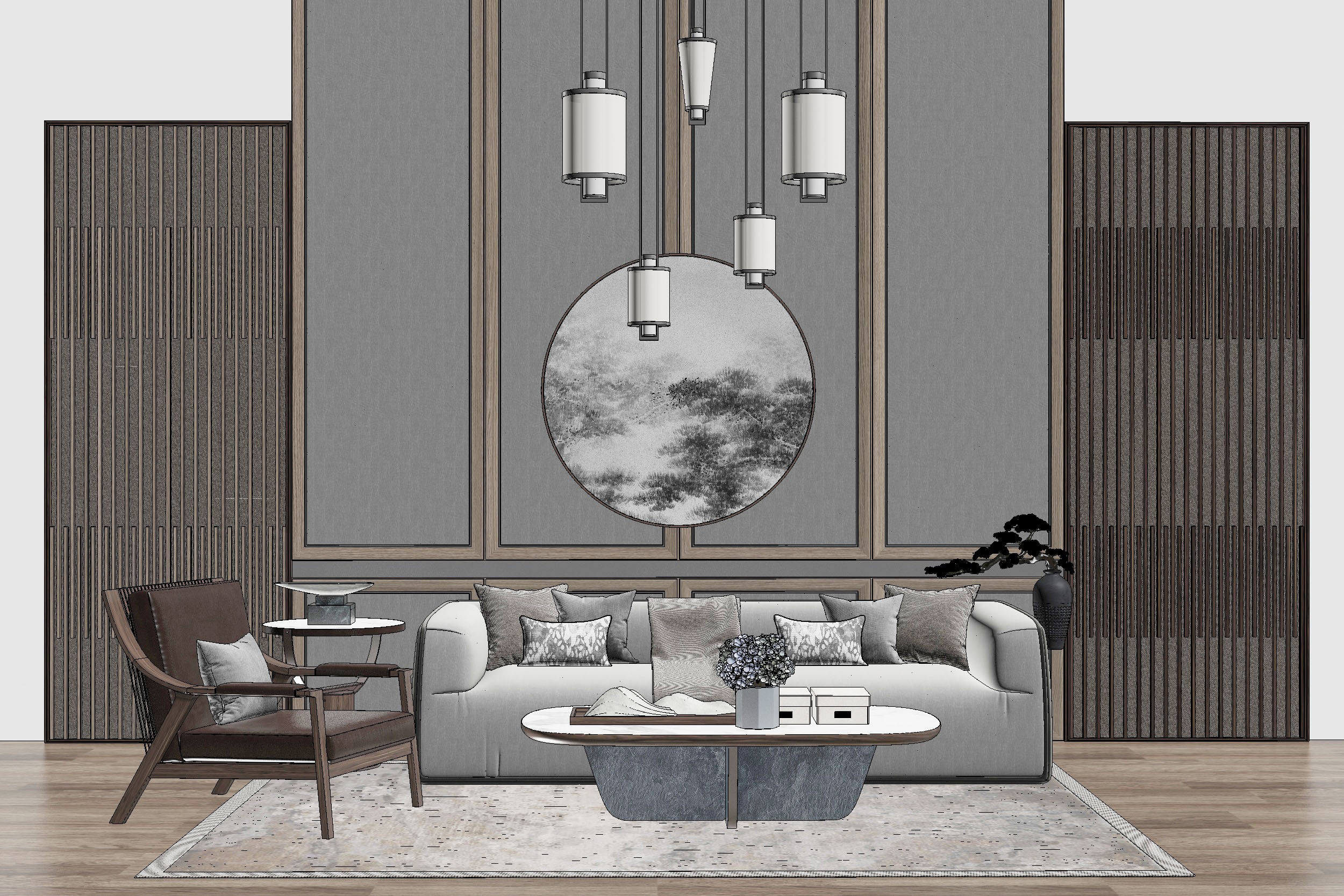 185新中式沙发茶几组合，中式背景墙，吊灯，单人椅，摆件组合，抱枕靠垫su草图模型下载
