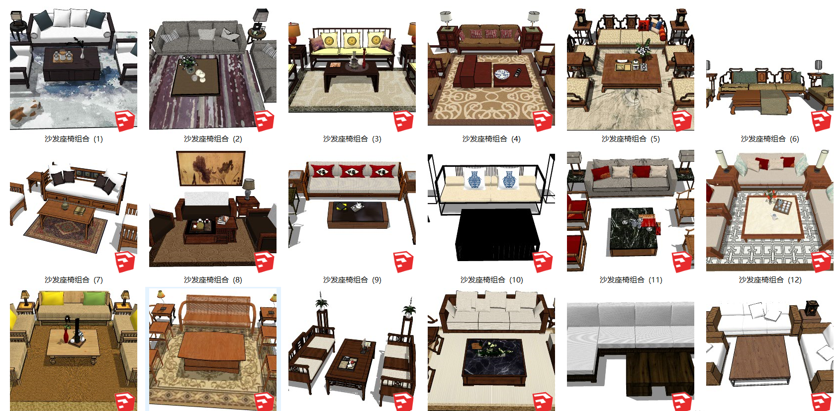 191新中式，中式古典沙发桌椅组合，卧榻床榻罗汉床 ，转角沙发su草图模型下载