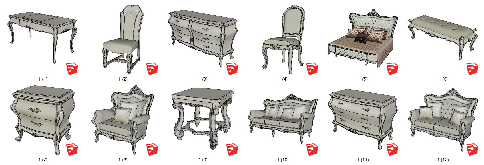 欧式古典雕花沙发，餐桌餐椅，欧式古典雕花床，装饰边柜，床尾凳 春凳su草图模型下载