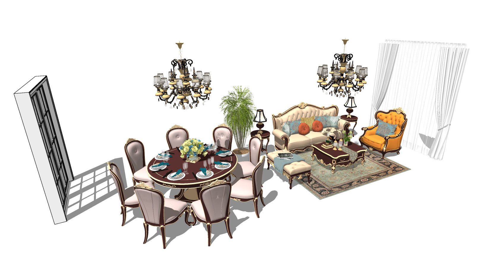 欧式沙发茶几餐桌椅组合 欧式吊灯 欧式古典雕花沙发su草图模型下载