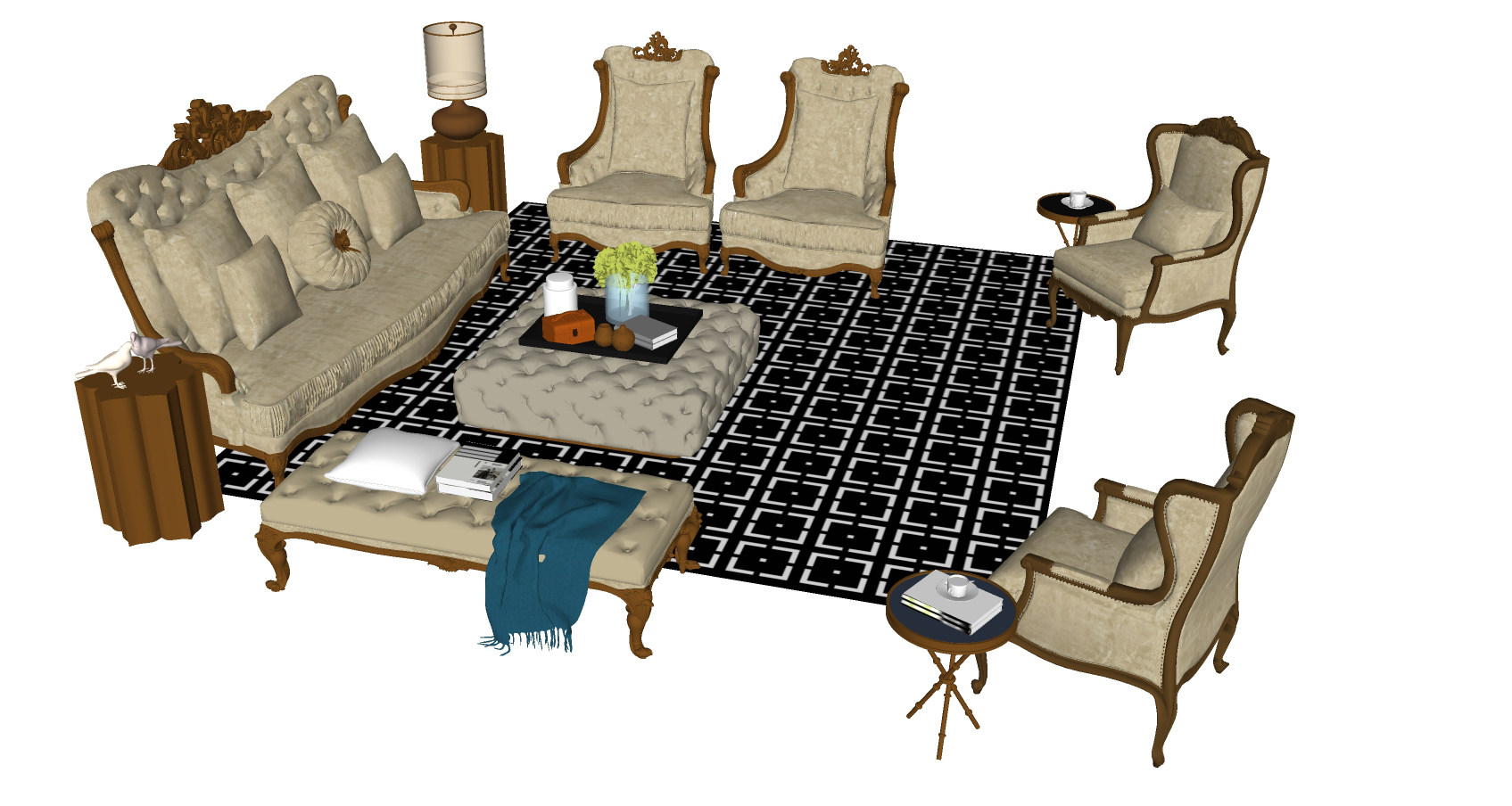 法式欧式古典雕花沙发茶几组合 单人沙发 床尾凳