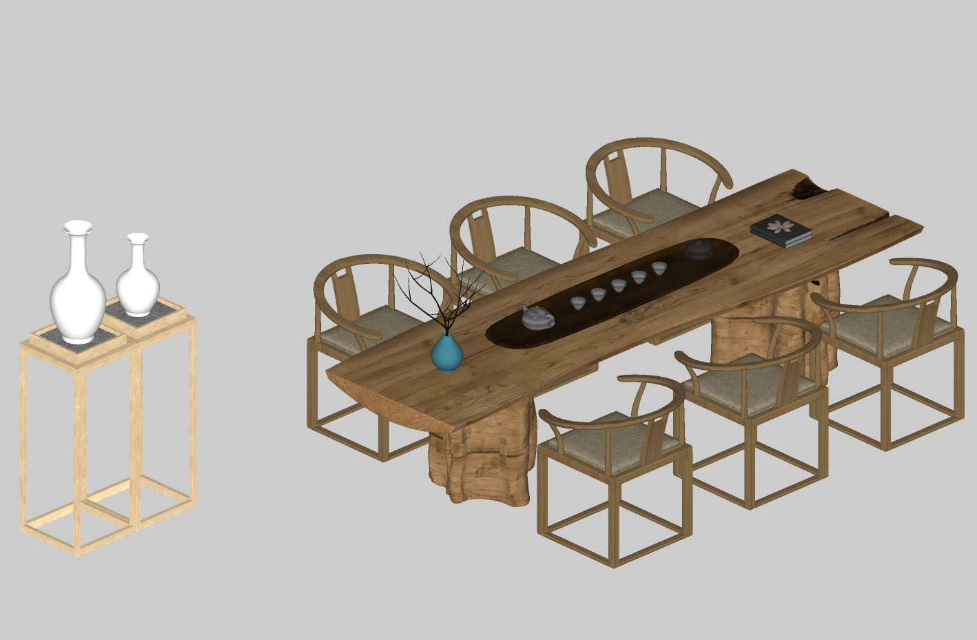 3新中式原木实木大板，木墩茶台，茶桌椅，茶具花架su草图模型下载