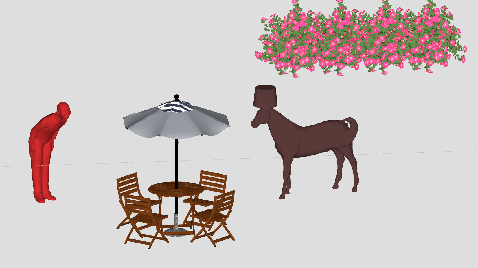 4，户外遮阳伞，木桌椅，骏马落地灯，欢迎光临，人物雕塑su草图模型下载