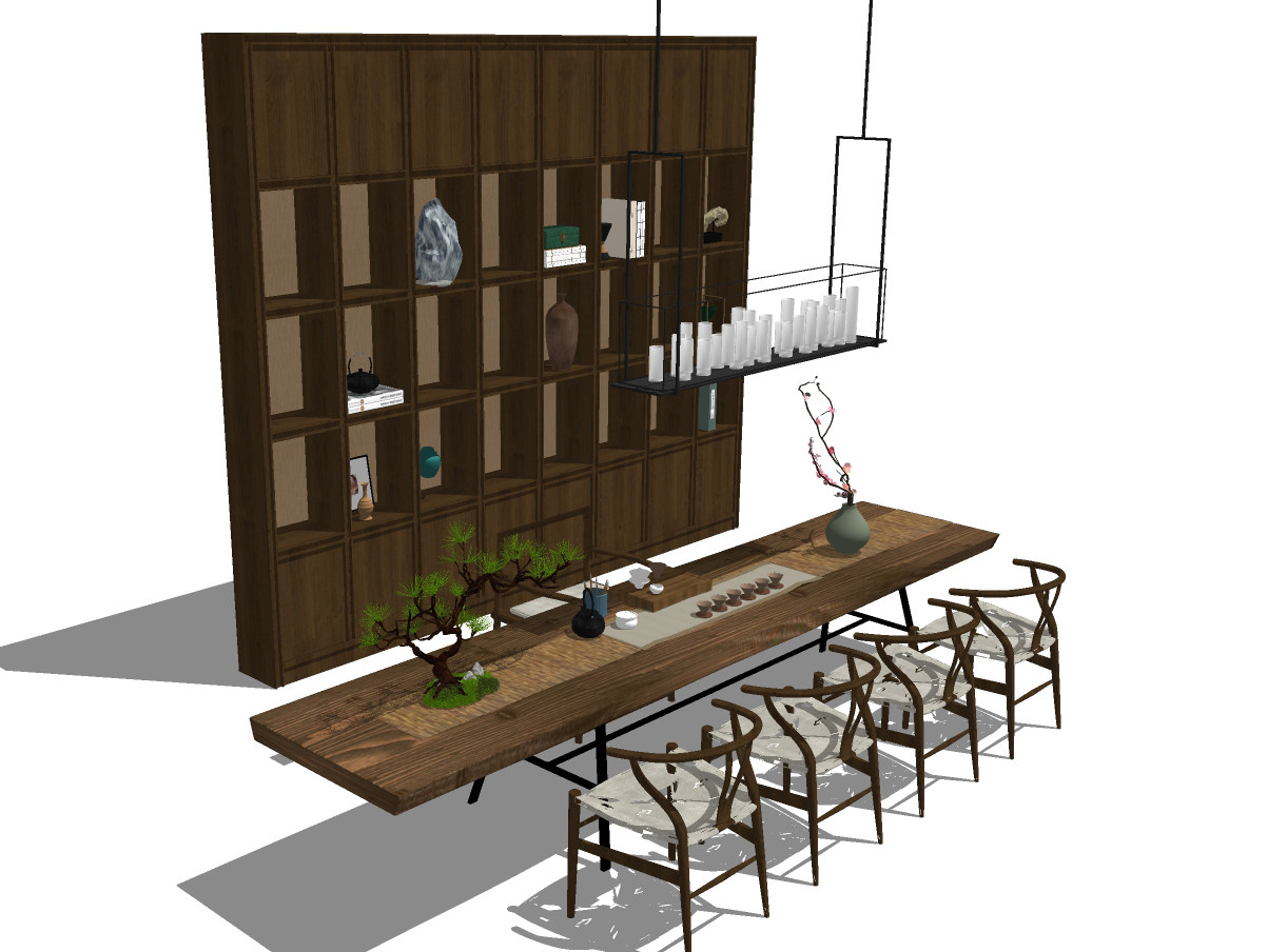 03新中式实木桌面 茶桌茶具，茶柜组合su草图模型下载