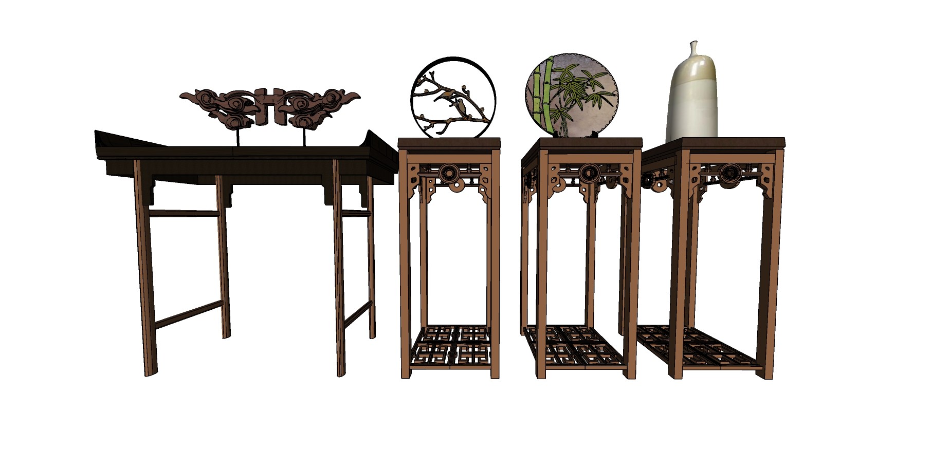 56中式实木红木家具，带底座装饰摆件组合，茶几组合，边几，案几，花架摆台，条桌，条案su草图模型下载