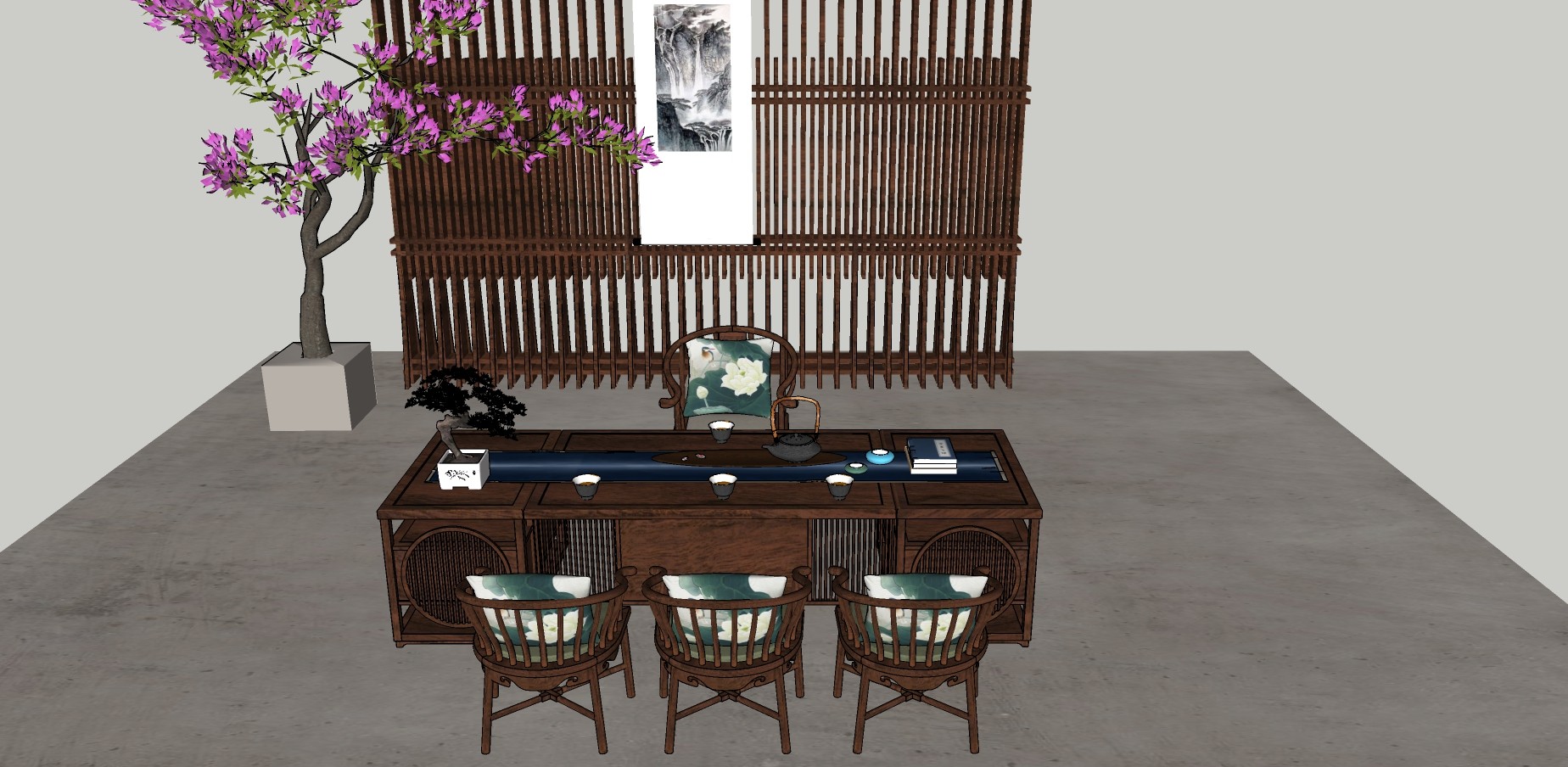 101新中式实木茶桌组合，茶台，实木单椅，屏风隔断su草图模型下载
