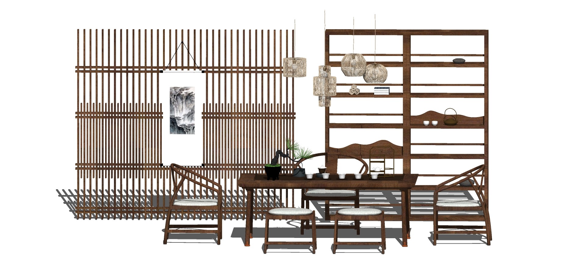 103新中式实木茶桌组合，茶台，实木单椅，屏风隔断，茶柜茶具su草图模型下载