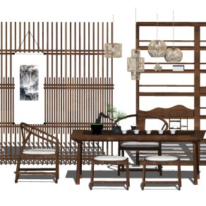 103新中式实木茶桌组合，茶台，实木单椅，屏风隔断，茶柜茶具su草图模型下载