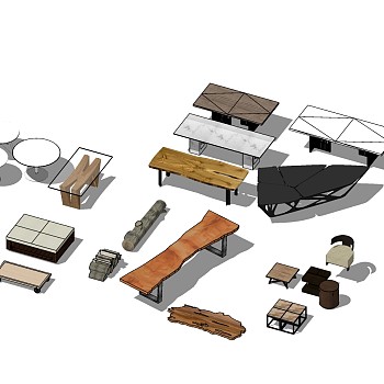 109现代中式实木板茶几 玻璃茶几 木桩 圆几边几 异形茶几su草图模型下载