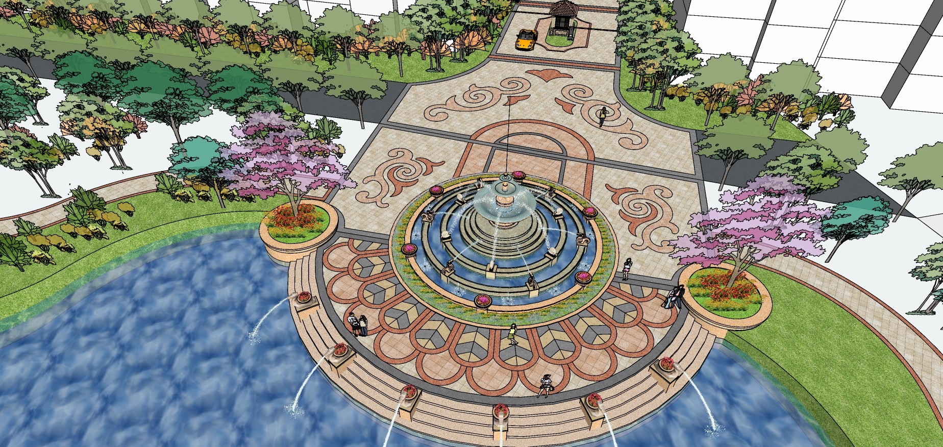 06欧式景观花园，水景喷泉，花池， 岗亭树 (1)su草图模型下载