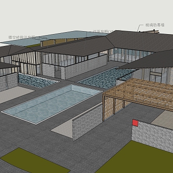 26新中式风格商业展区 售楼部 会所 展示区景观，凉亭 (1)su草图模型下载