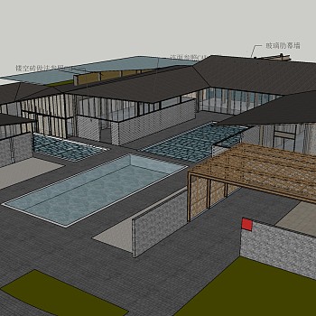 26新中式风格商业展区 售楼部 会所 展示区景观，凉亭 (1)su草图模型下载