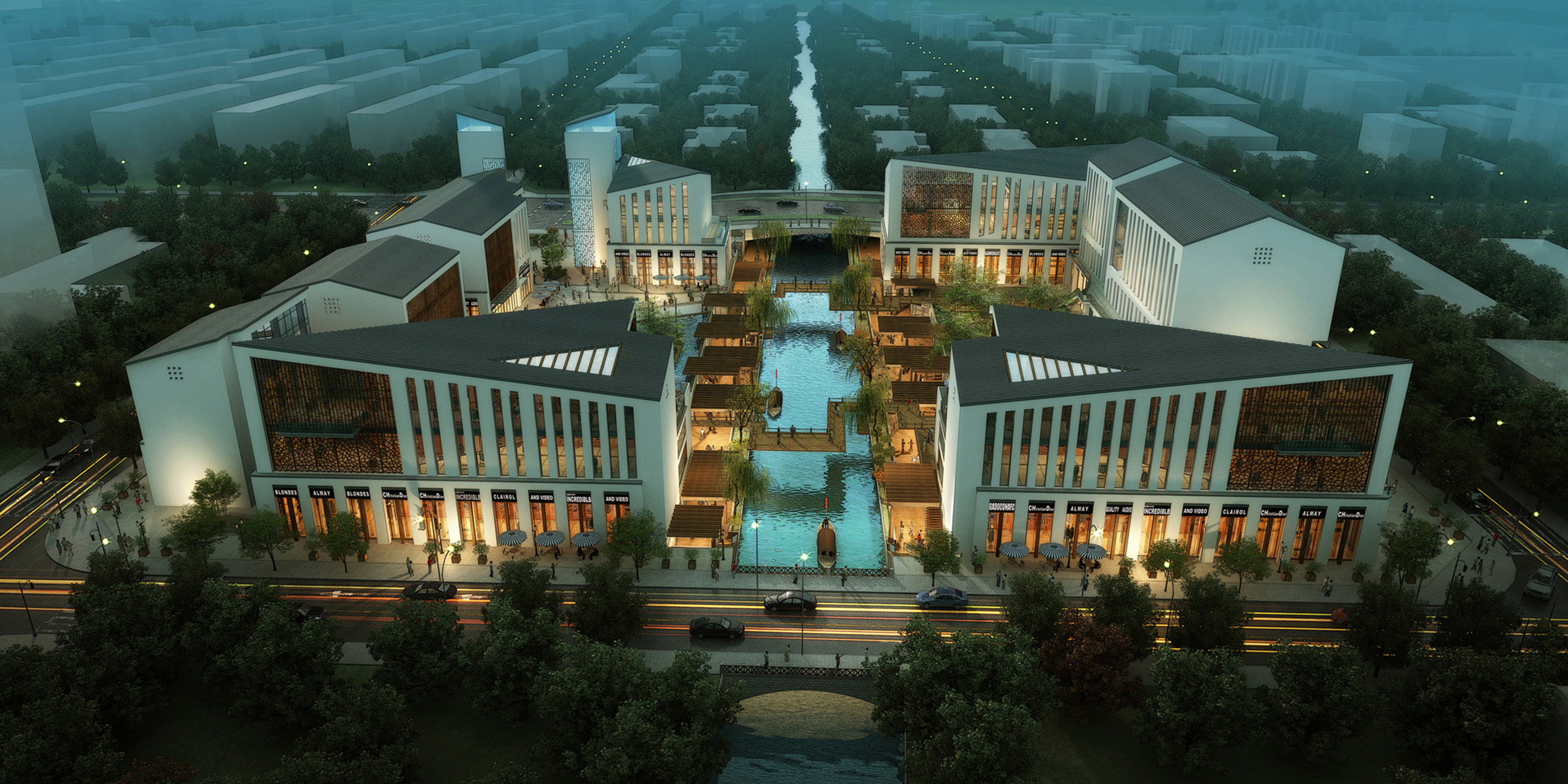 70扬州现代新中式水街，旅游度假景点，购物中心，民宿酒店，新中式建筑风格su草图模型下载