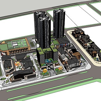 91商业综合体 新中式商业街区 山地商业处理，酒店酒吧，高档写字楼，购物娱乐中心su草图模型下载