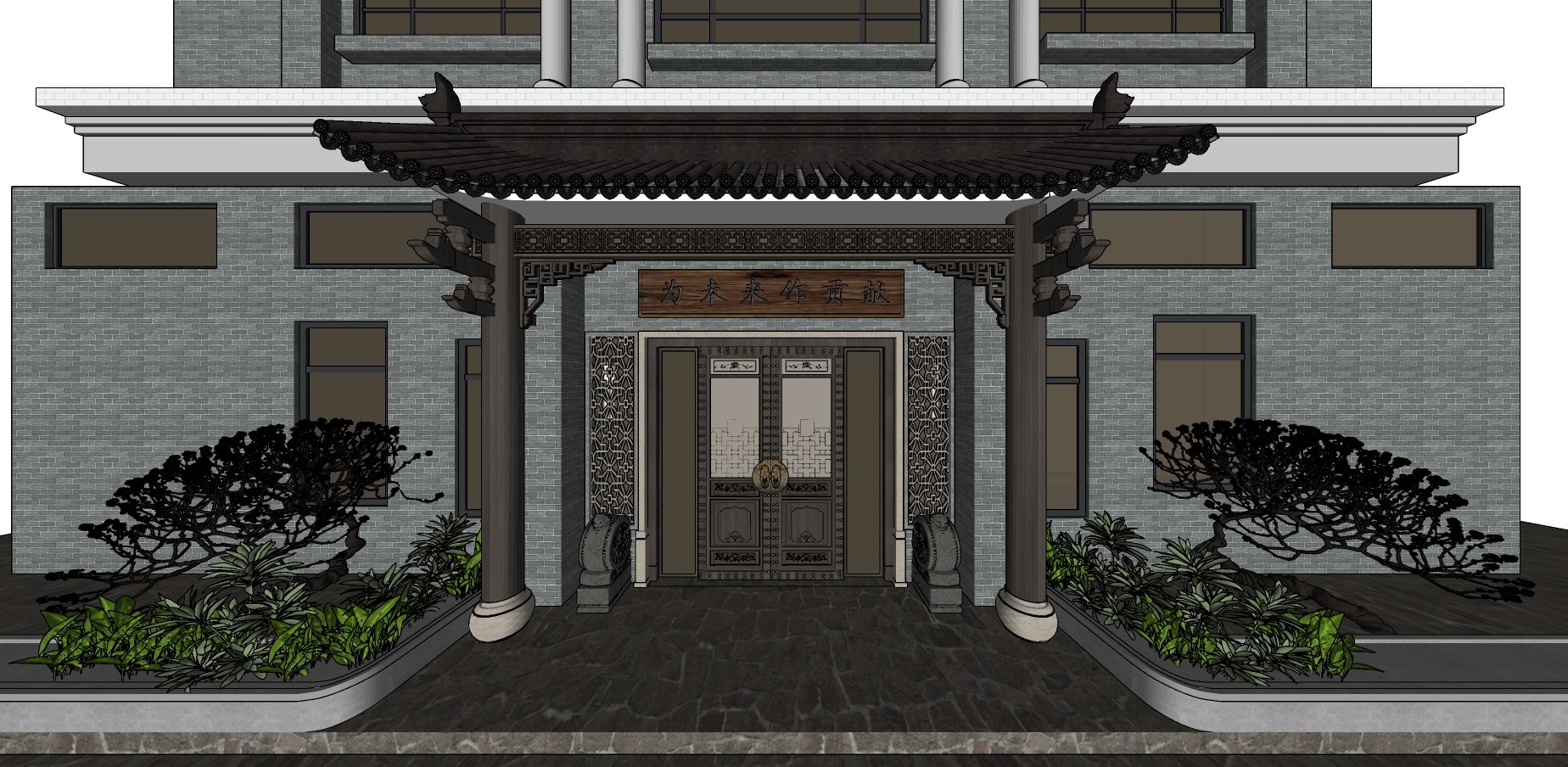145中式门头立面，中式会所门头，屋檐，黑瓦，石鼓su草图模型下载