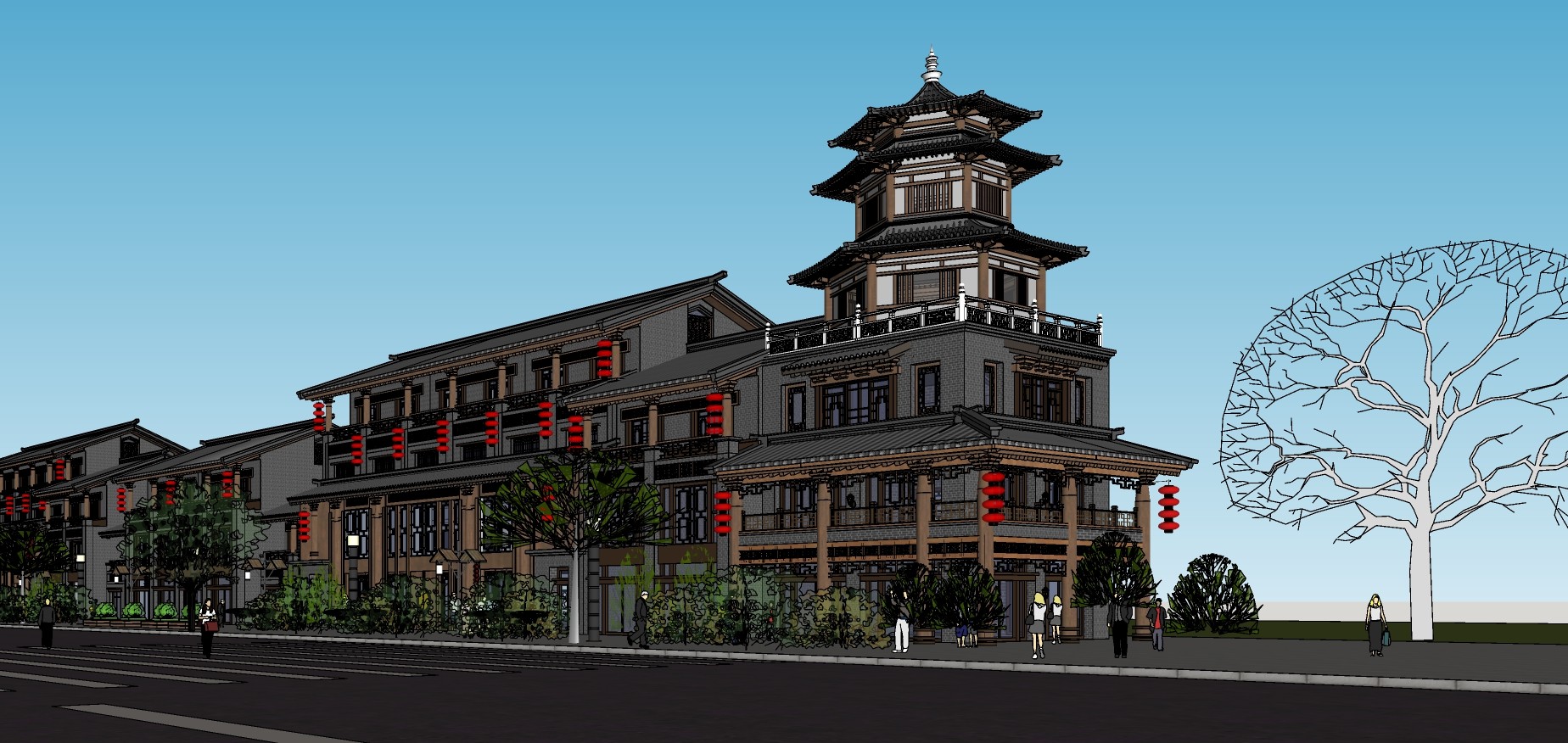 230中式建筑商业街，沿路中式商业街区，酒吧餐厅，中式塔楼su草图模型下载