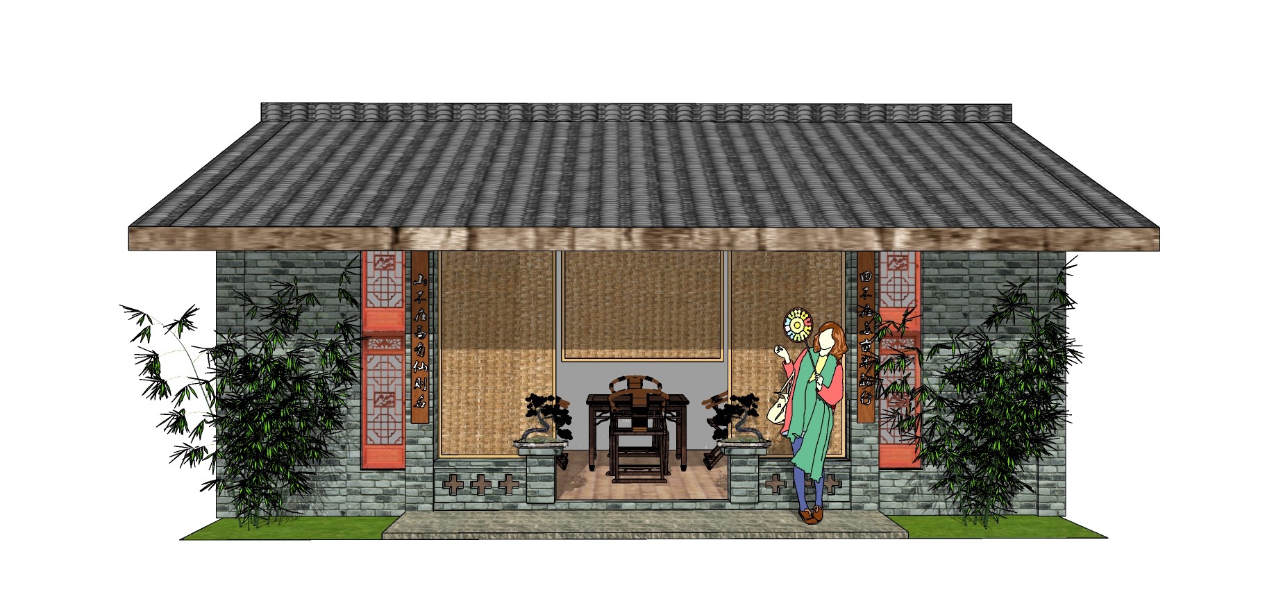 329日式小茶馆，中式休闲小茶室，中式庭院，中式门帘，中式雕花su草图模型下载