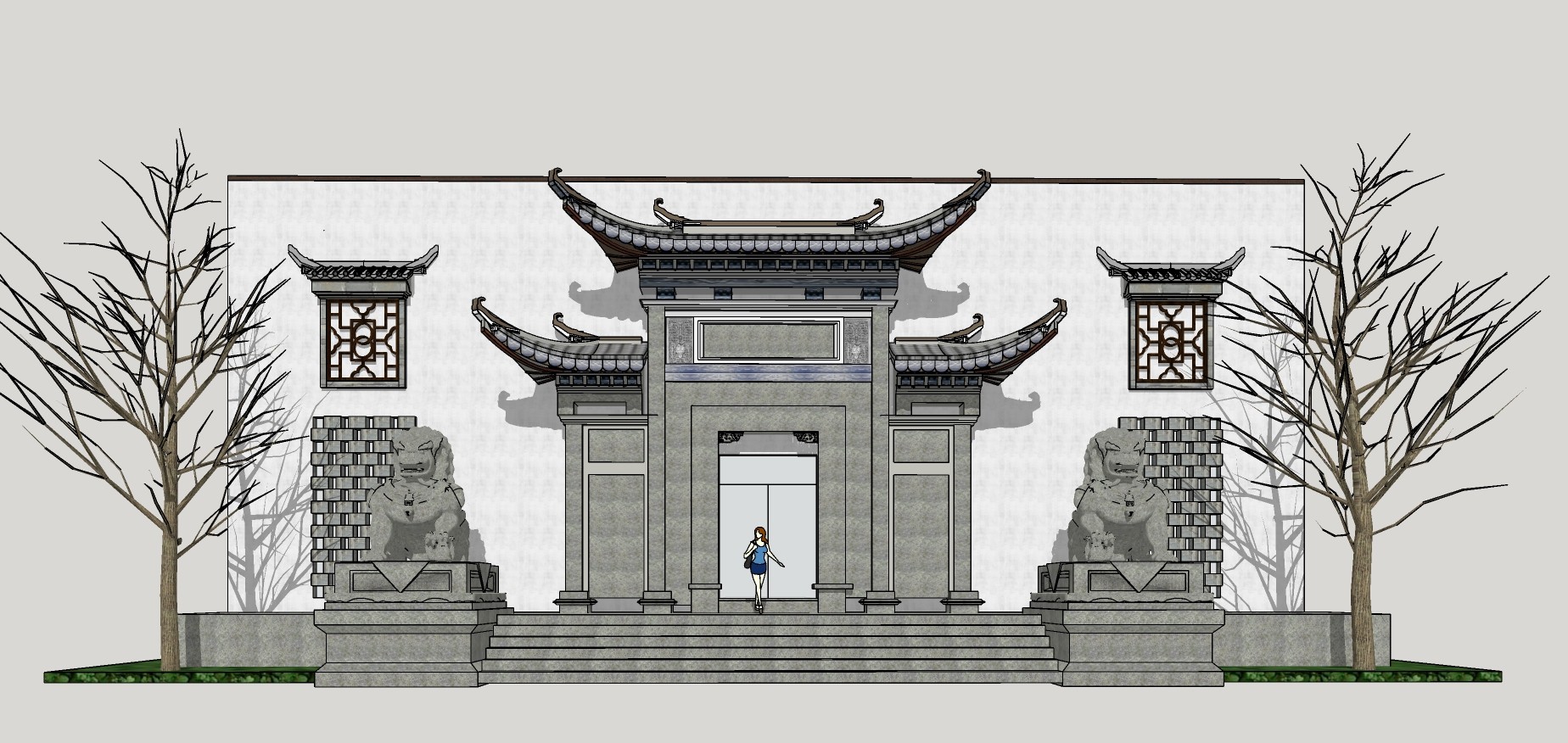 366中式风格门头门面，徽派马头墙，徽派建筑，中式商街门面，牌坊大门su草图模型下载