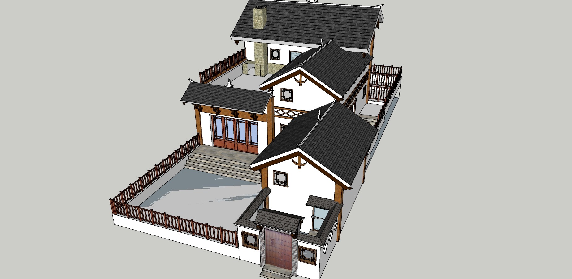 16中式新农村住宅，农家院，乡村院子，民宿 民宅 民居su草图模型下载