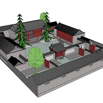 40中式古建四合院，新农村住宅，农家院，北方农村山区四合院，中式庭院景观，景观树，大门门头 院墙su草图模型下载