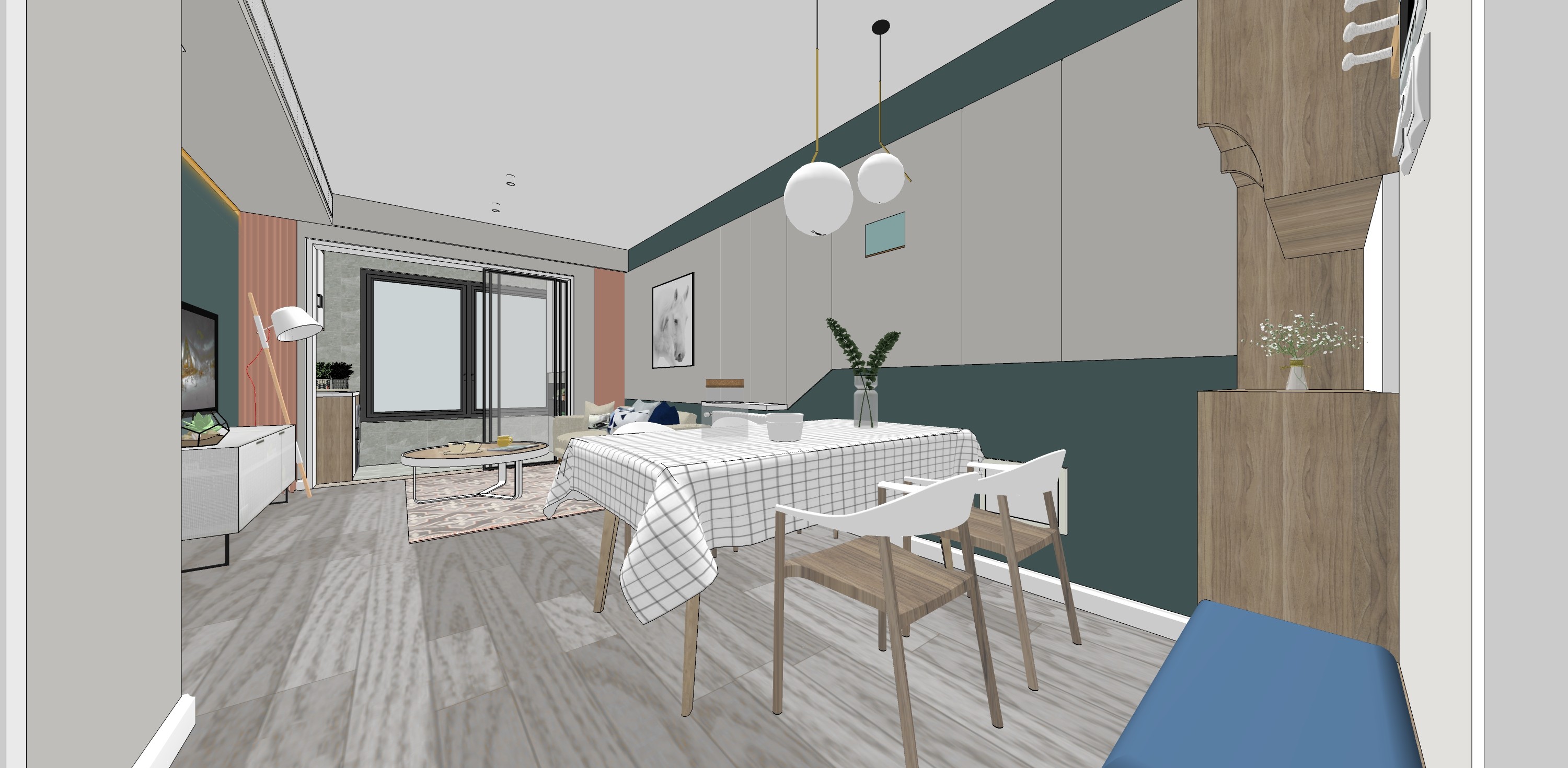 北欧风格小户型客餐厅卧室书房su草图模型下载