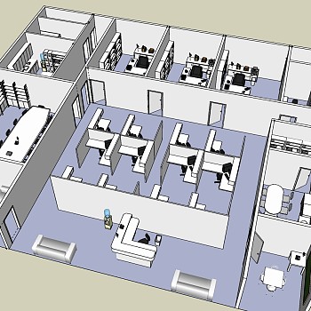 01工厂办公室 厂房办公区，工位，办公桌，前台，会议桌会议室，电脑，办公桌椅，茶水间，储物间su草图模型下载