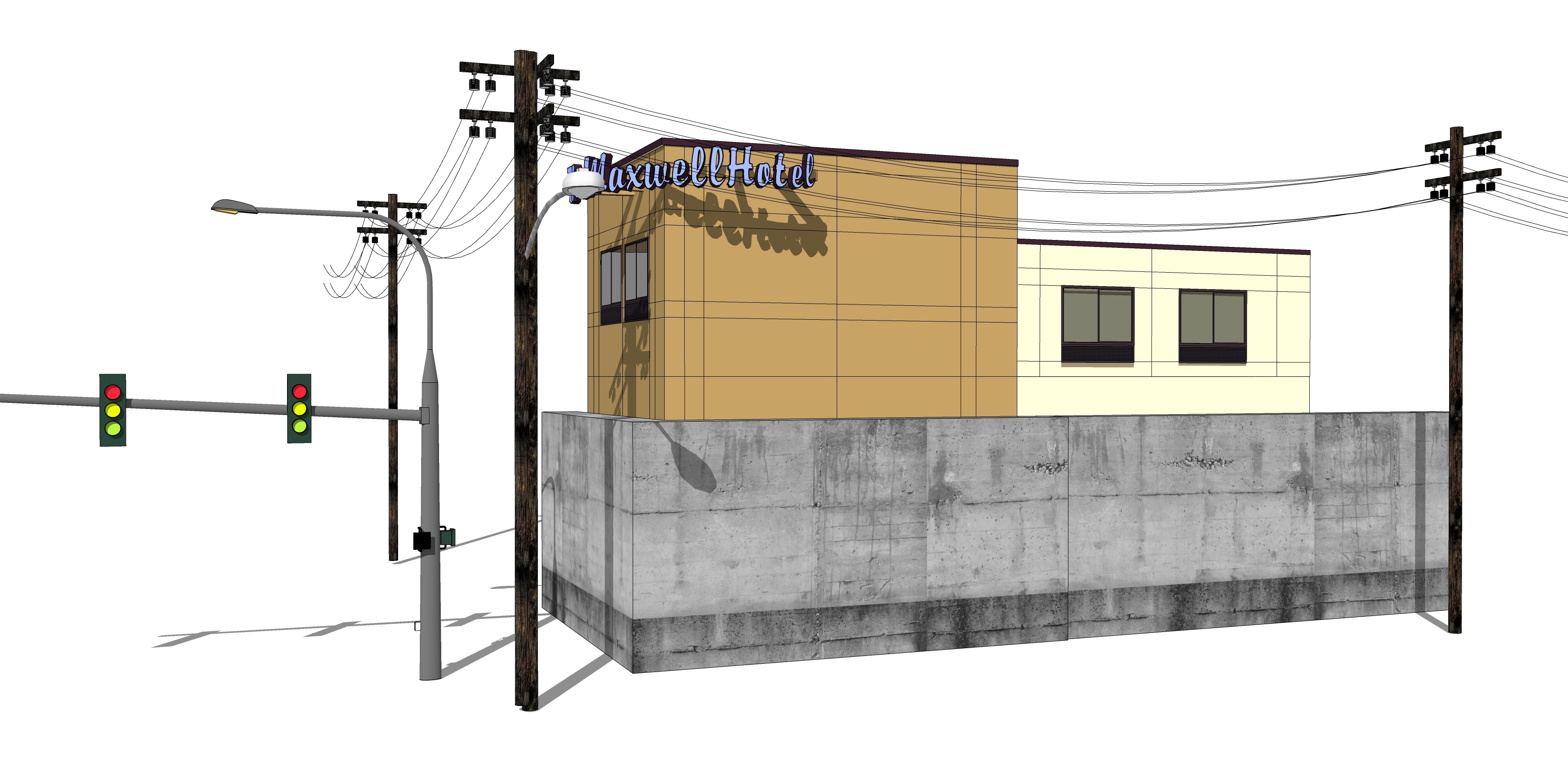 187工业电线杆 线杆 路灯 房屋 小镇 街道 高压输电线电力设施su草图模型下载