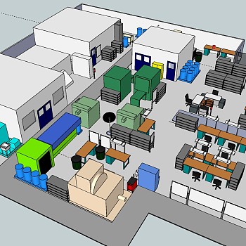 195工厂布局,办公室布局，工作室，办公桌，工厂机械设备，车床车间su草图模型下载