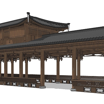 179精品中式廊桥 精致细节 中式古典建筑 寺庙 钟楼 编钟 楼梯（1）su草图模型下载