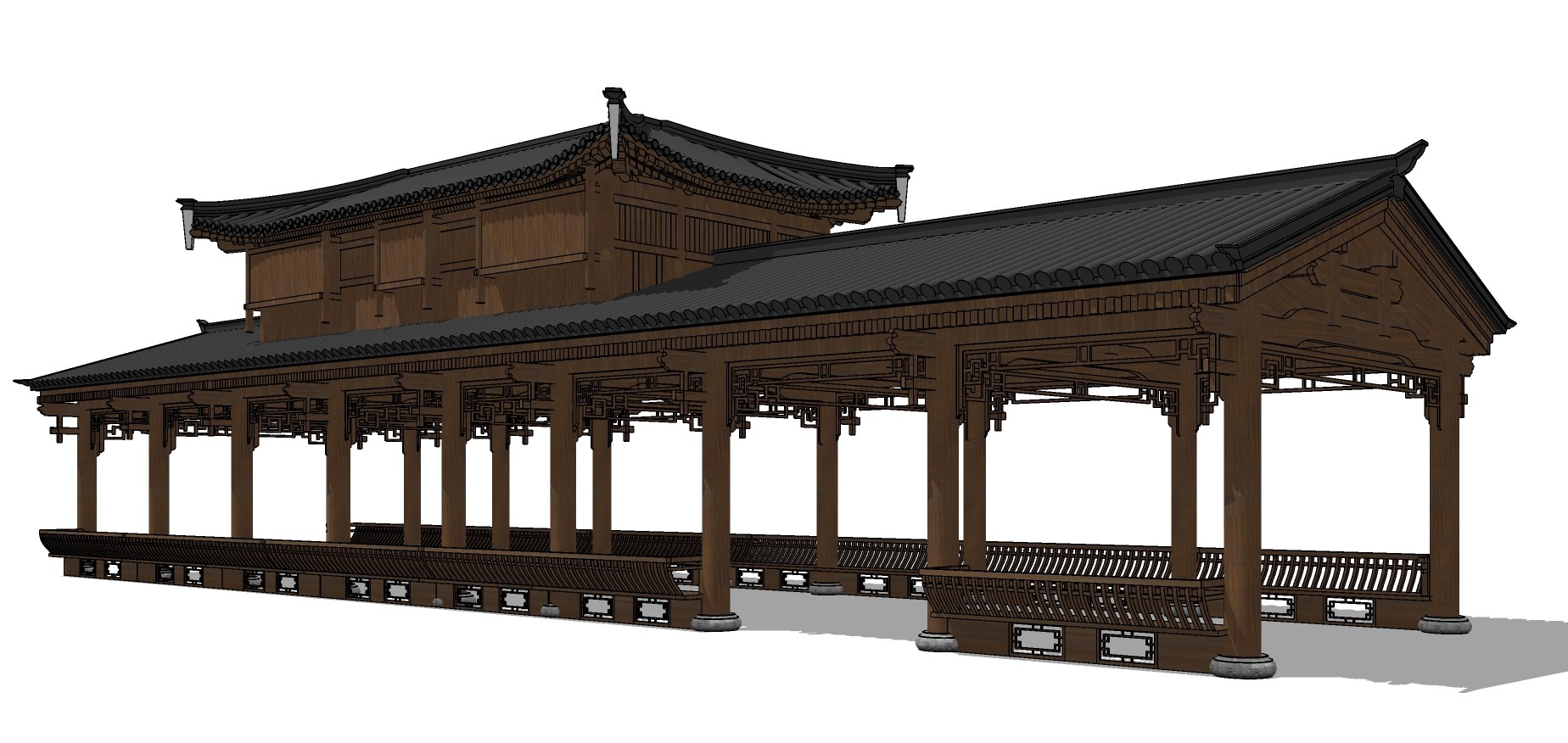 179精品中式廊桥 精致细节 中式古典建筑 寺庙 钟楼 编钟 楼梯（1）su草图模型下载