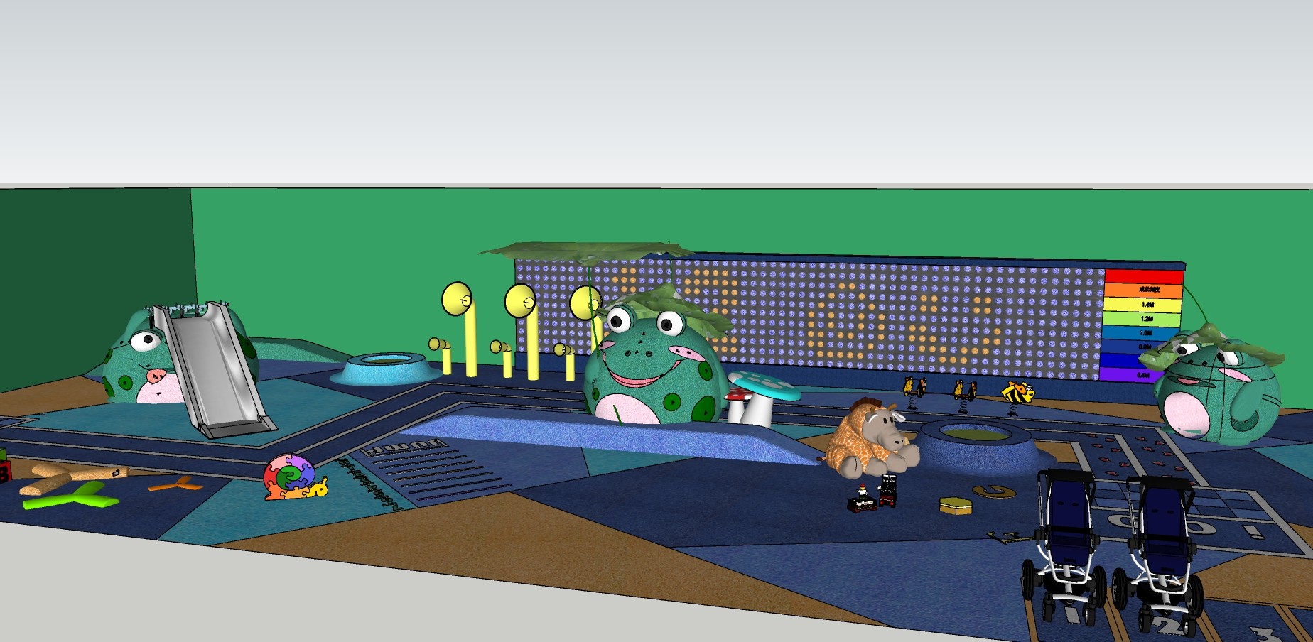 36儿童活动区 游乐场 滑梯 布偶道具 青蛙道具  沙池  钓鱼池su草图模型下载