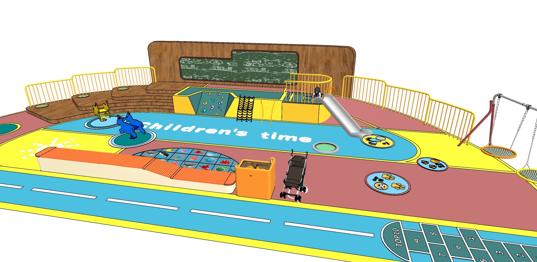 85现代住宅小区景观+儿童活动区 儿童乐园  幼儿园  滑梯 跳房子 教室su草图模型下载