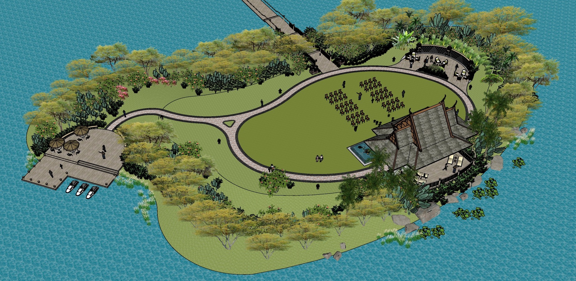 54东南亚风格婚礼主题岛屿景观设计  主题滨湖公园景观 园林景观  滨水景观带 市民休闲公园su草图模型下载