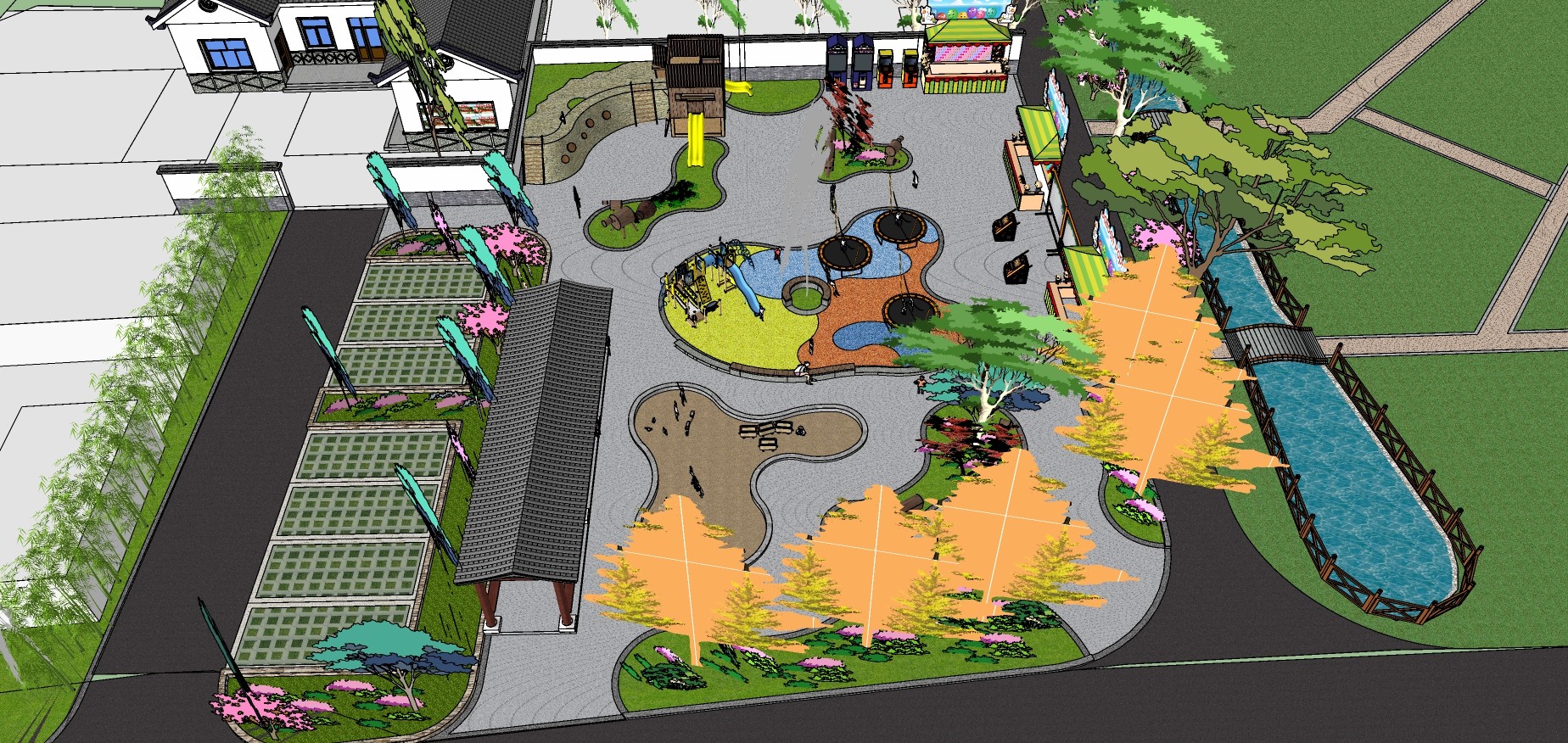 14现代风格公园景观 儿童乐园 儿童素质拓展  儿童活动乐园 停车场 新农村院子su草图模型下载