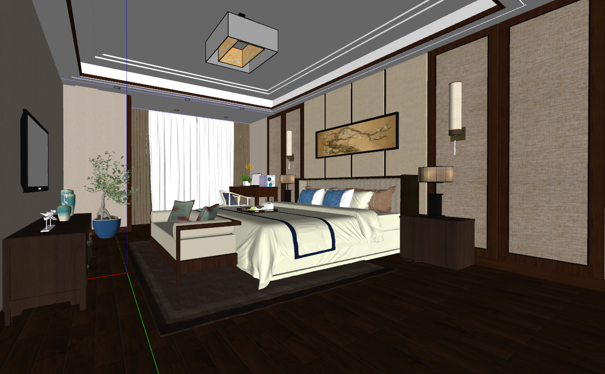 新中式卧室,客房双人床su草图模型下载