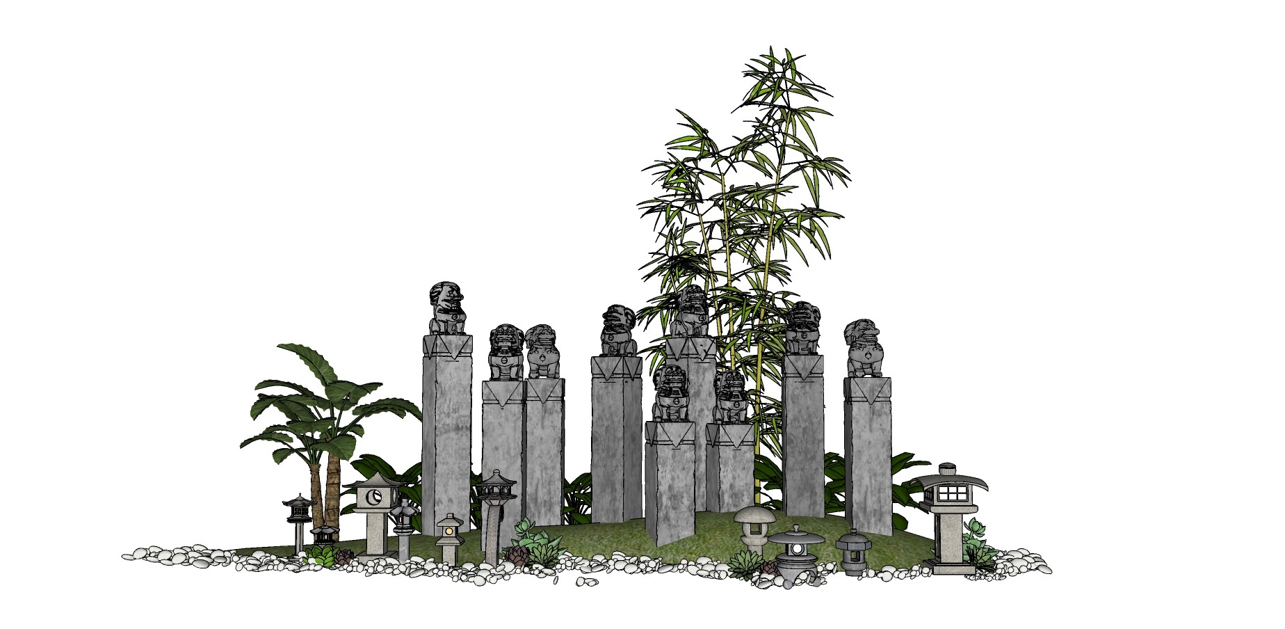 12中式风格庭院景观  拴马桩 日式石灯鹅卵石 竹子植物组合 庭院景观小品组合su草图模型下载