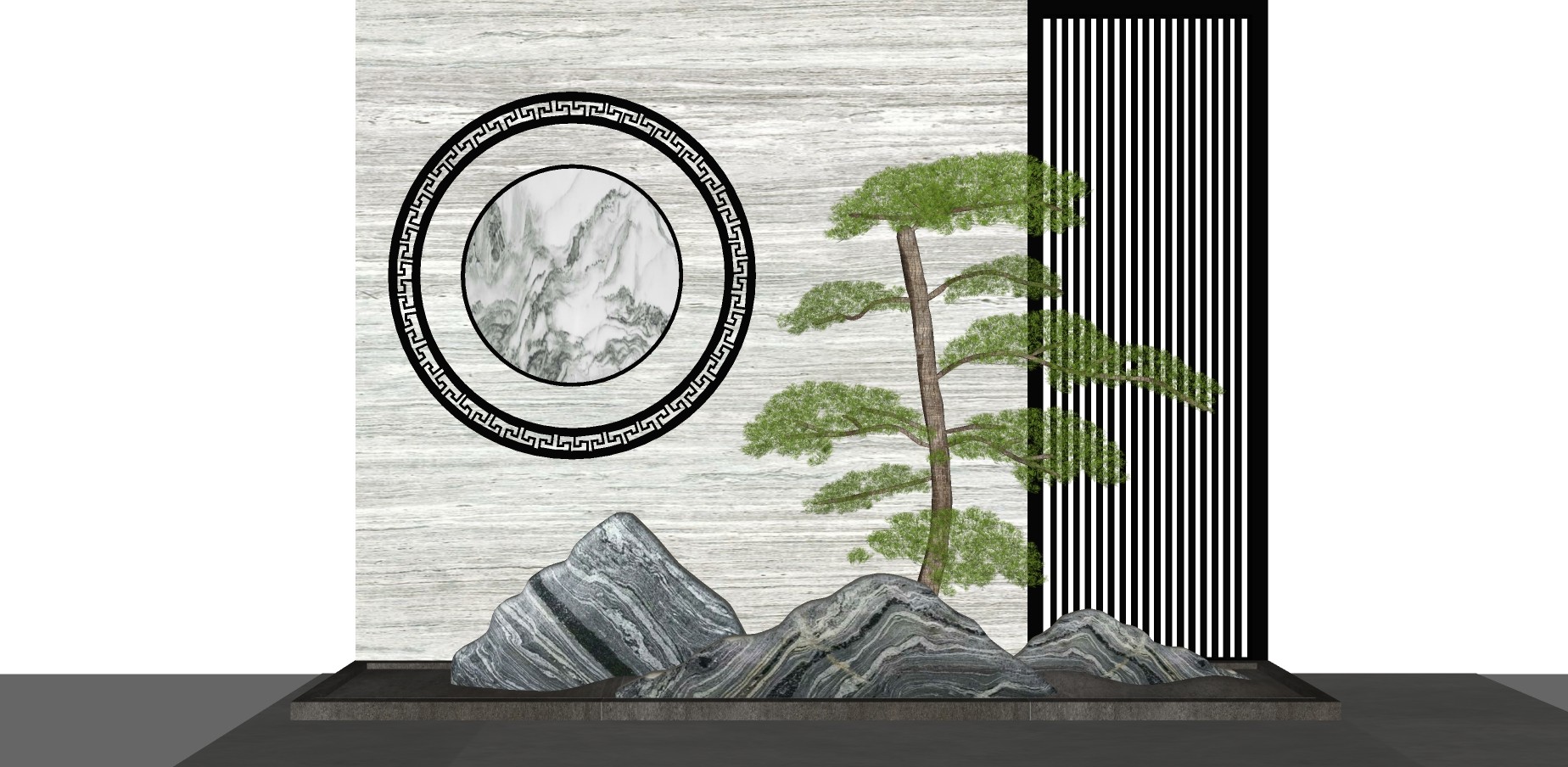 16新中式景观 假山泰山石 松树装饰画    新中式摆件 新中式风格庭院景观 禅意庭院景观su草图模型下载