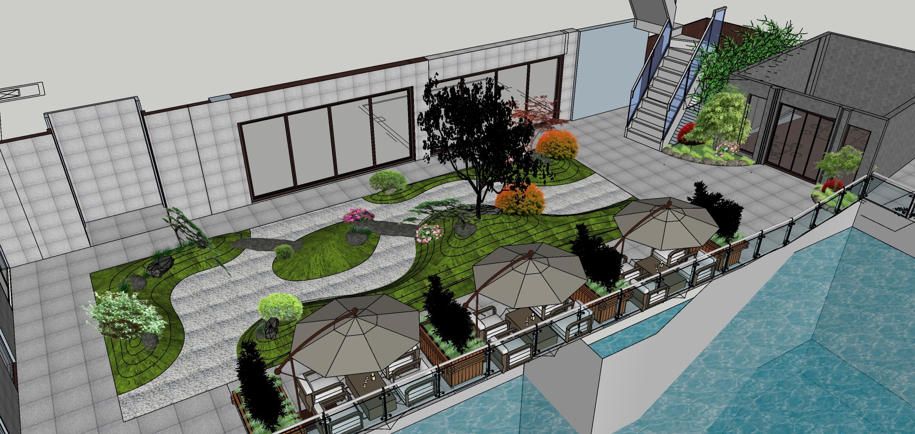 67新中式屋顶花园  露台茶室 庭院景观  新中式园艺景观小品 景观树绿植石头 植物组合su草图模型下载
