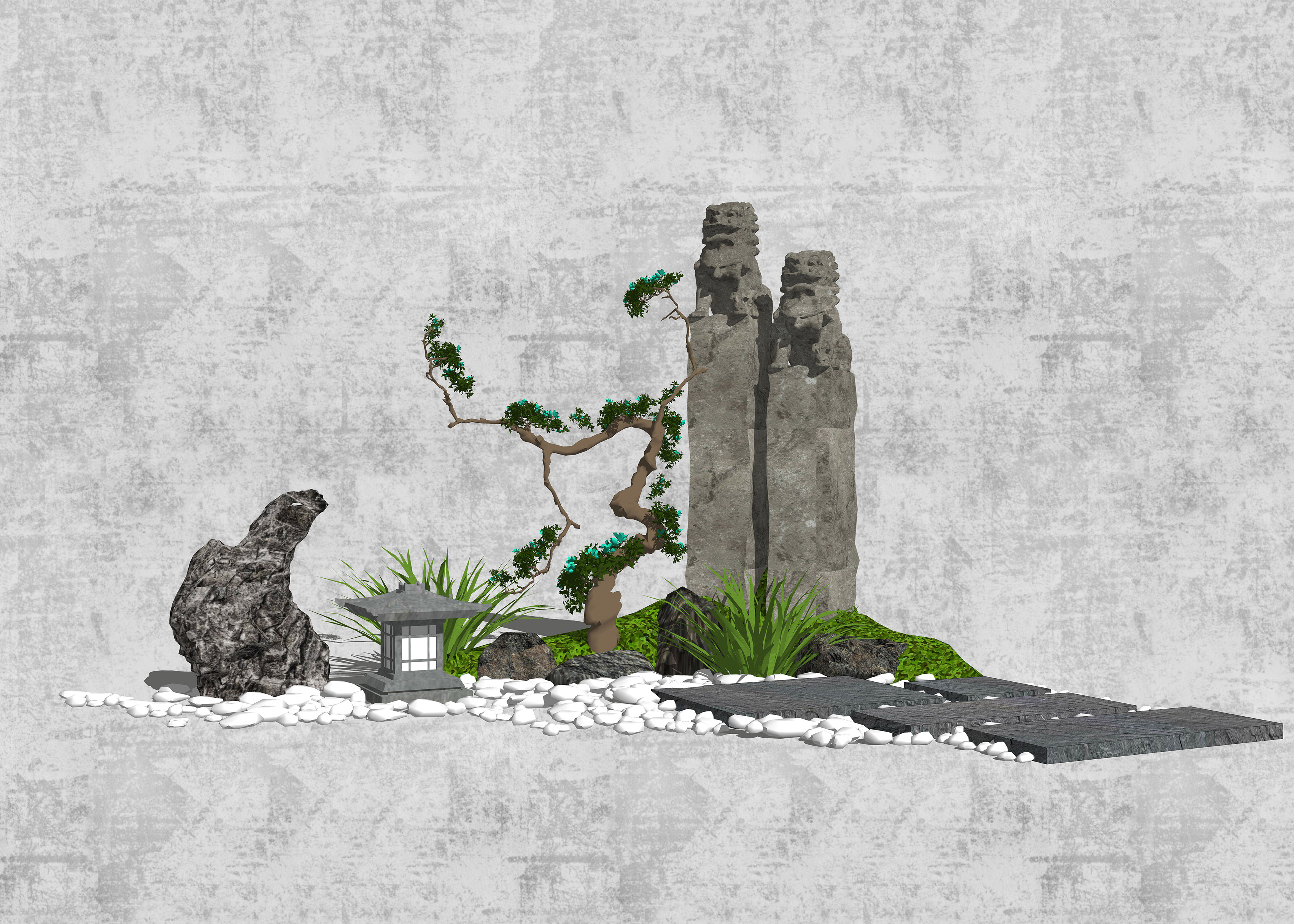 64中式 园艺小品 庭院景观 景观小品 拴马石 景观雕塑 叠石 绿松矮松su草图模型下载
