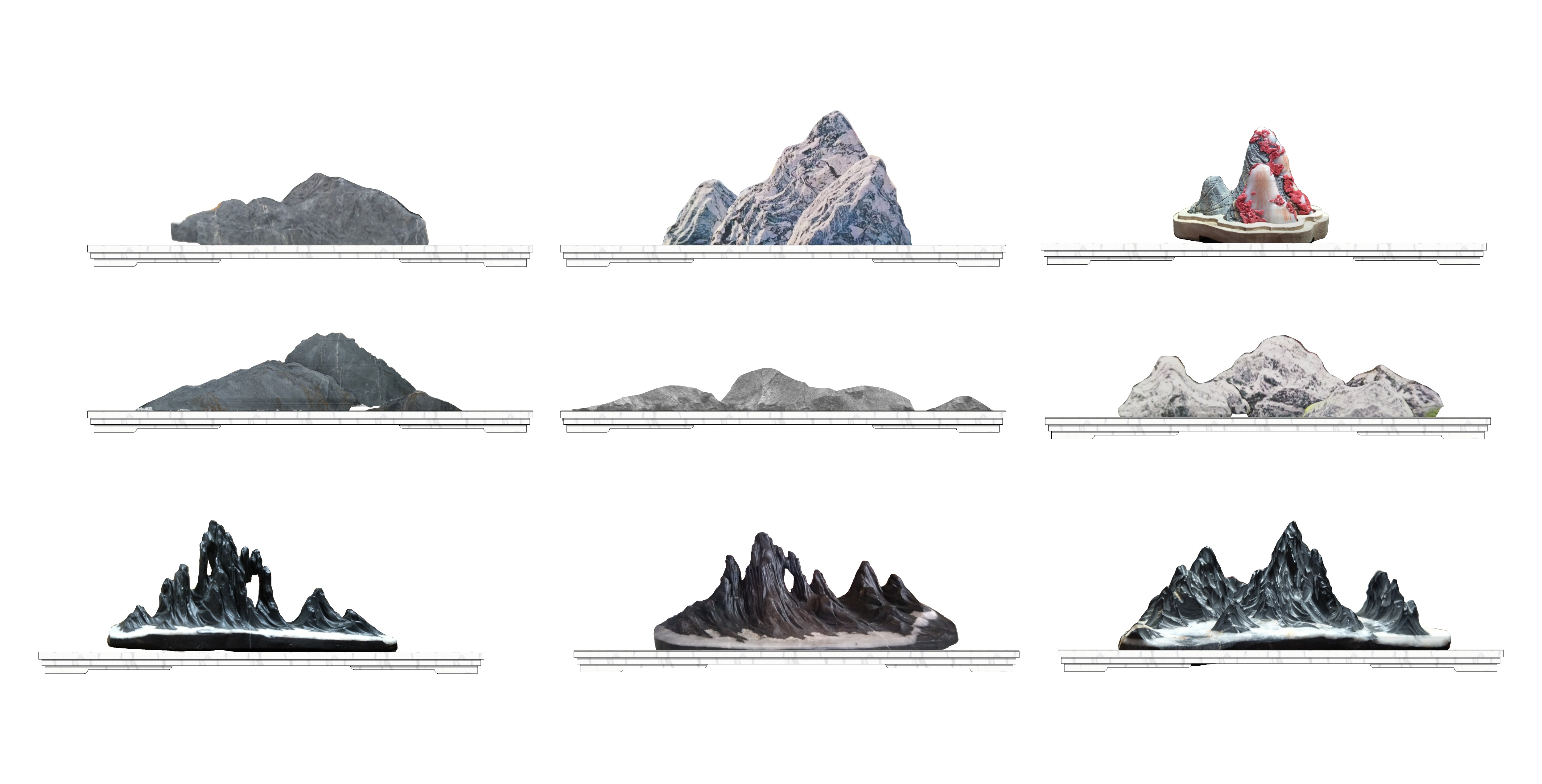 98新中式石头景观 盆景 摆件 新中式山水石su草图模型下载