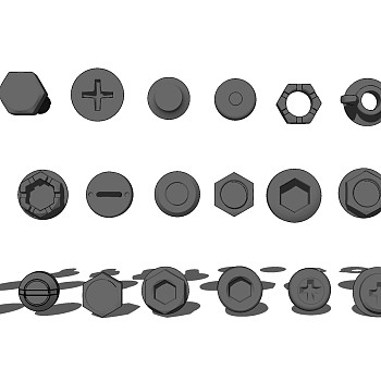 144现代螺丝螺母螺钉组合 金属构件 机器构件su草图模型下载