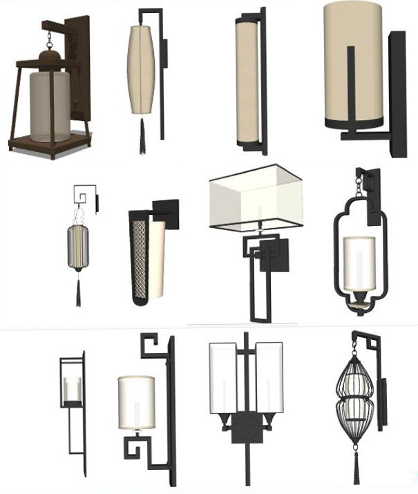 新中式壁灯 原木壁灯 灯具组合su草图模型下载